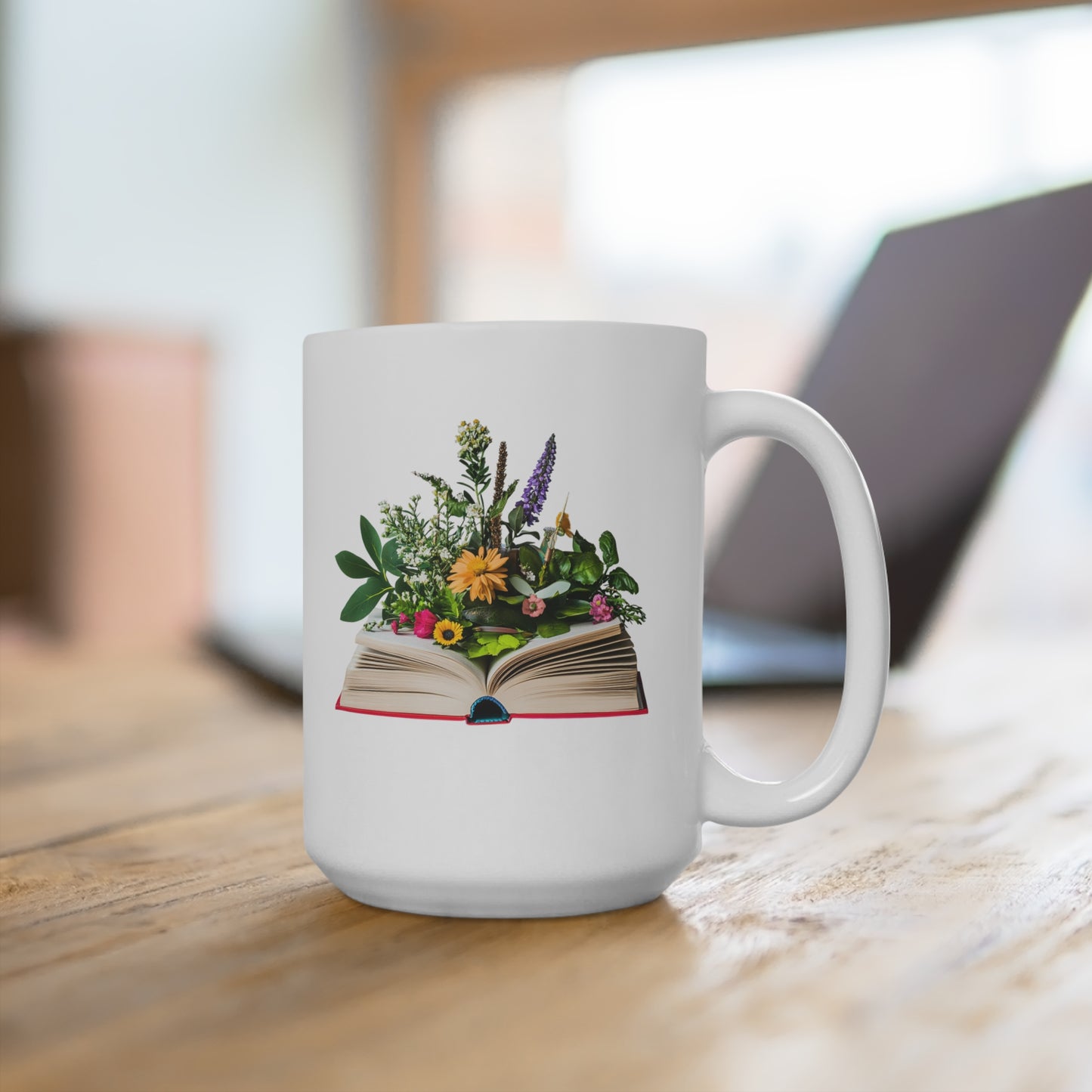 Floral book mug featuring vibrant flowers arranged atop an open book design