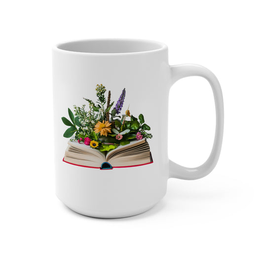 White floral book mug featuring a bouquet of mixed flowers emerging from an open book