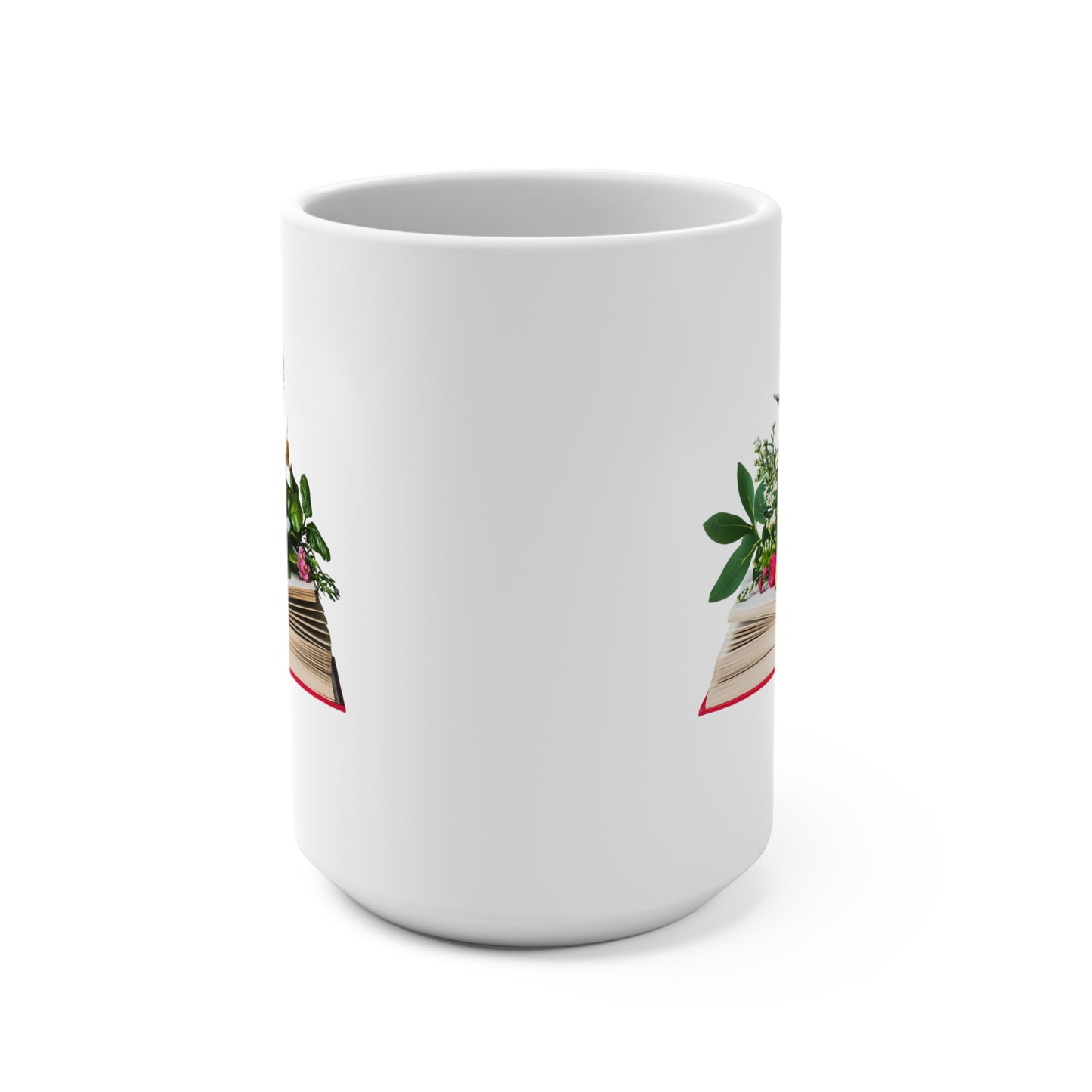 Floral book mug featuring a design with vibrant flowers and greenery on an open book