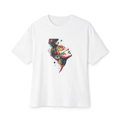 White floral boxy tee featuring a colorful abstract woman design for a trendy casual look