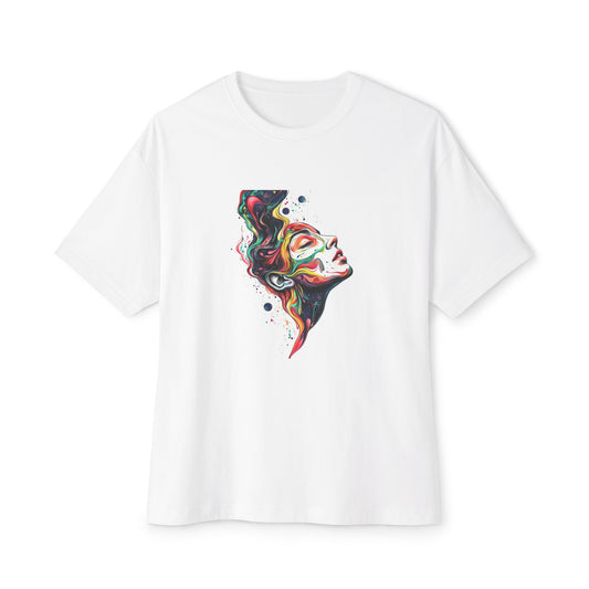 White floral boxy tee featuring a colorful abstract woman design for a trendy casual look