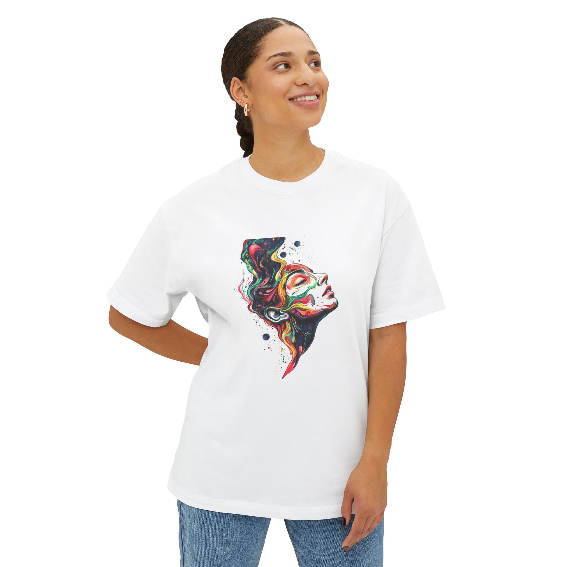 Stylish floral boxy tee with a colorful abstract face design for trendy casual wear