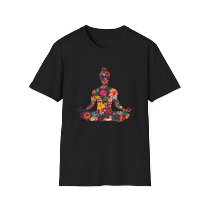 Floral Buddha t-shirt featuring a colorful flower design on a black background