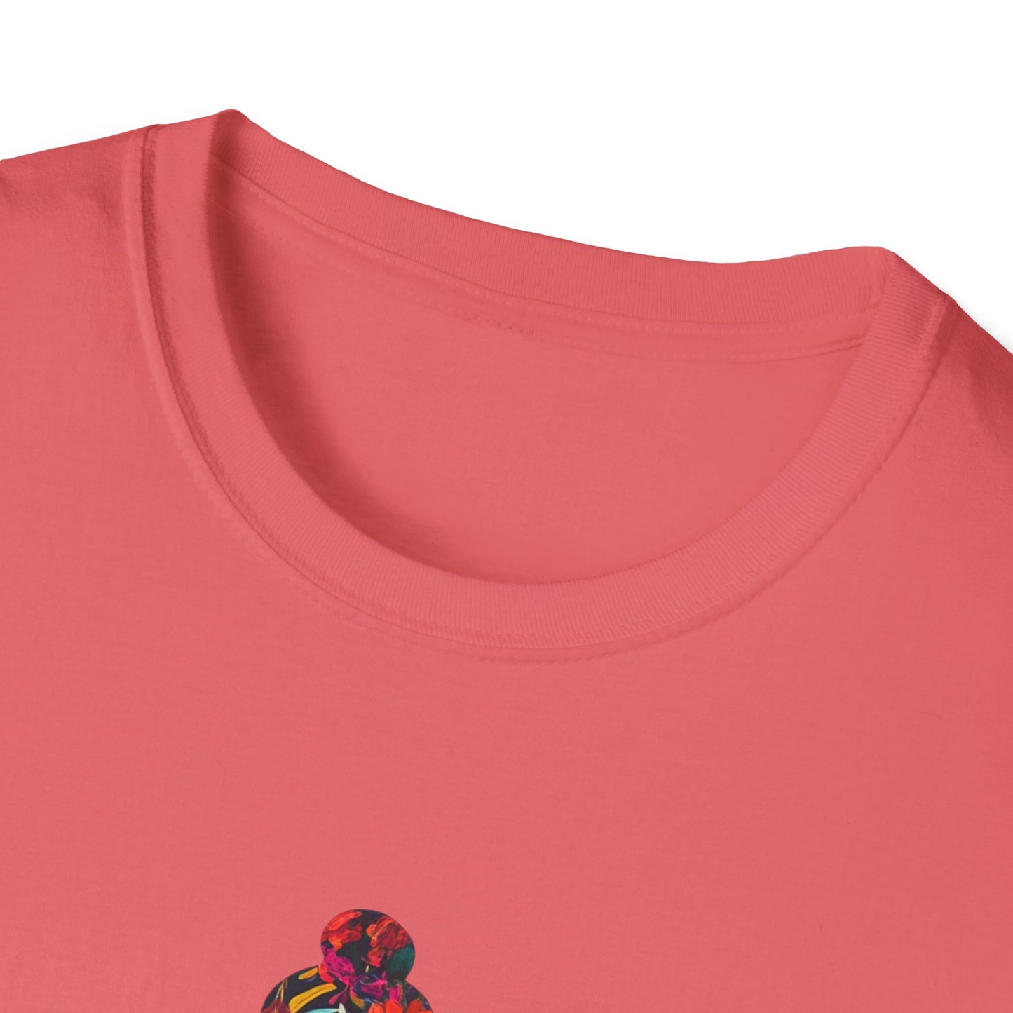 Floral Buddha t-shirt in coral with a colorful graphic design of a Buddha figure