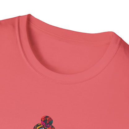 Floral Buddha t-shirt in coral with a colorful graphic design of a Buddha figure