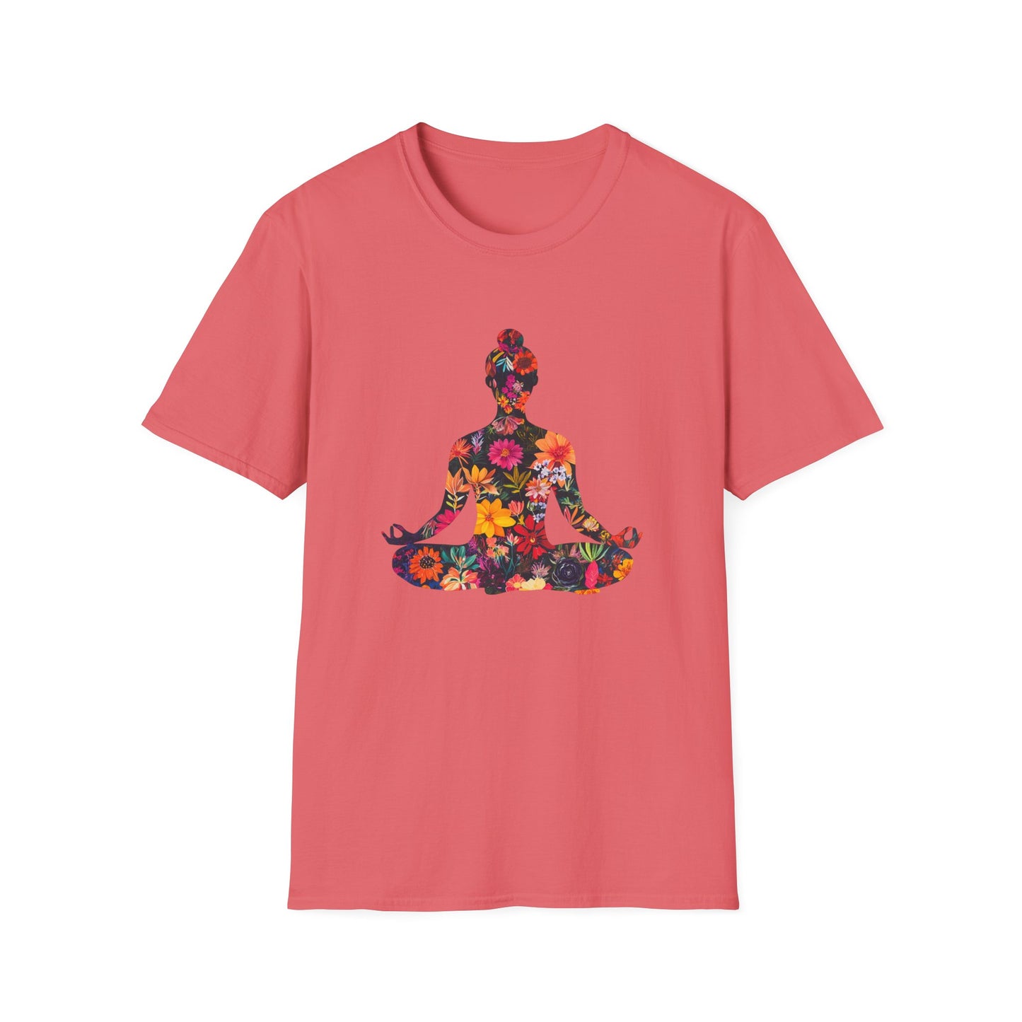 Floral Buddha t-shirt in coral featuring a colorful flower-patterned Buddha design
