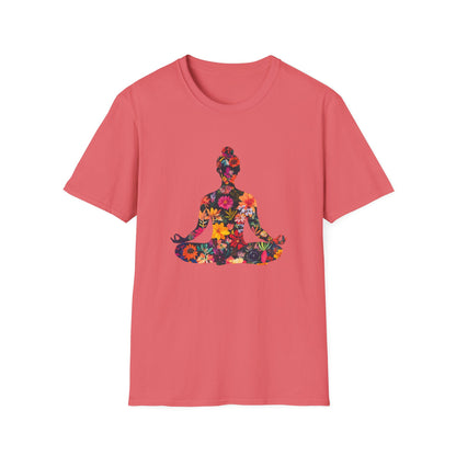 Floral Buddha t-shirt in coral featuring a colorful flower-patterned Buddha design