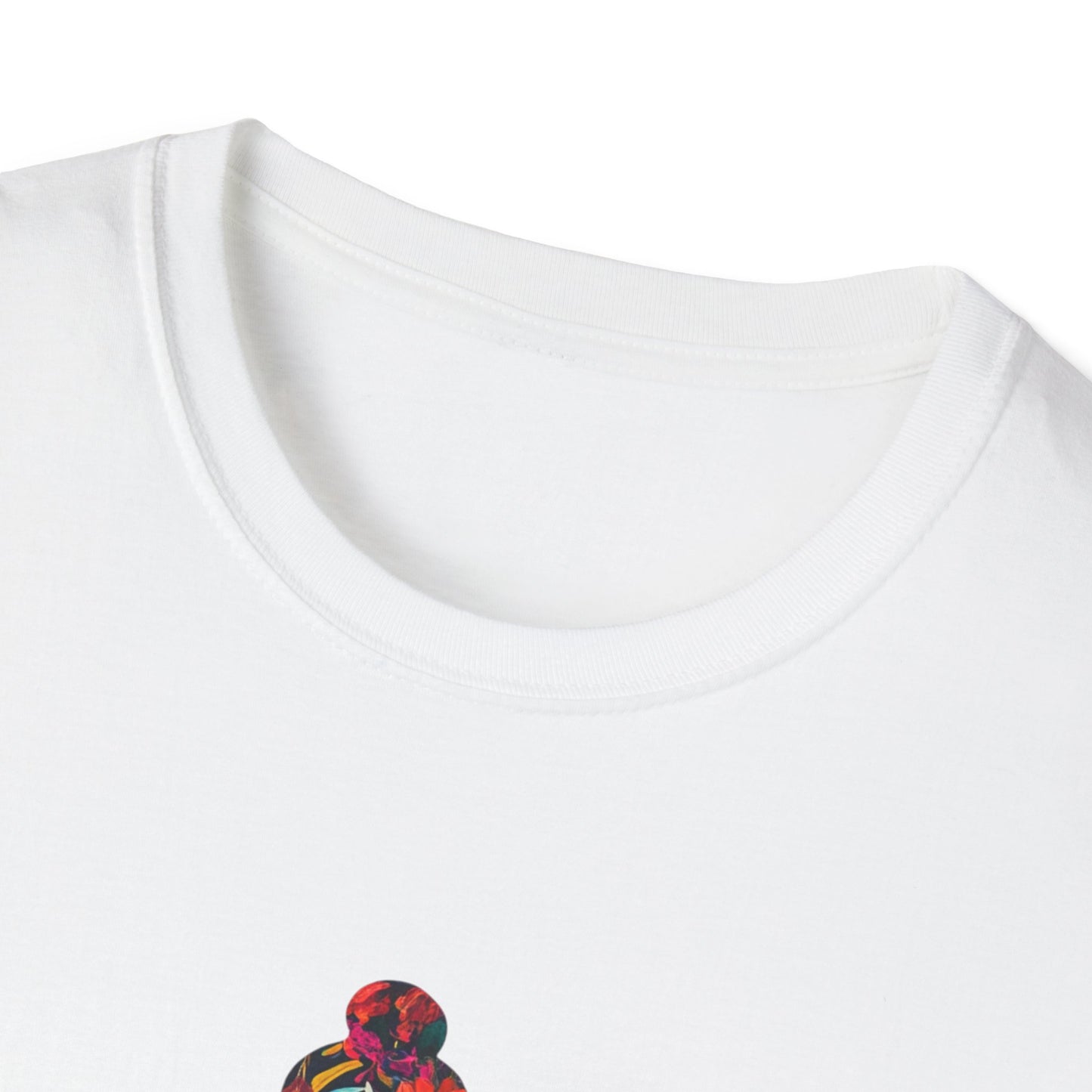 White floral buddha t-shirt featuring a colorful Buddha graphic on the front