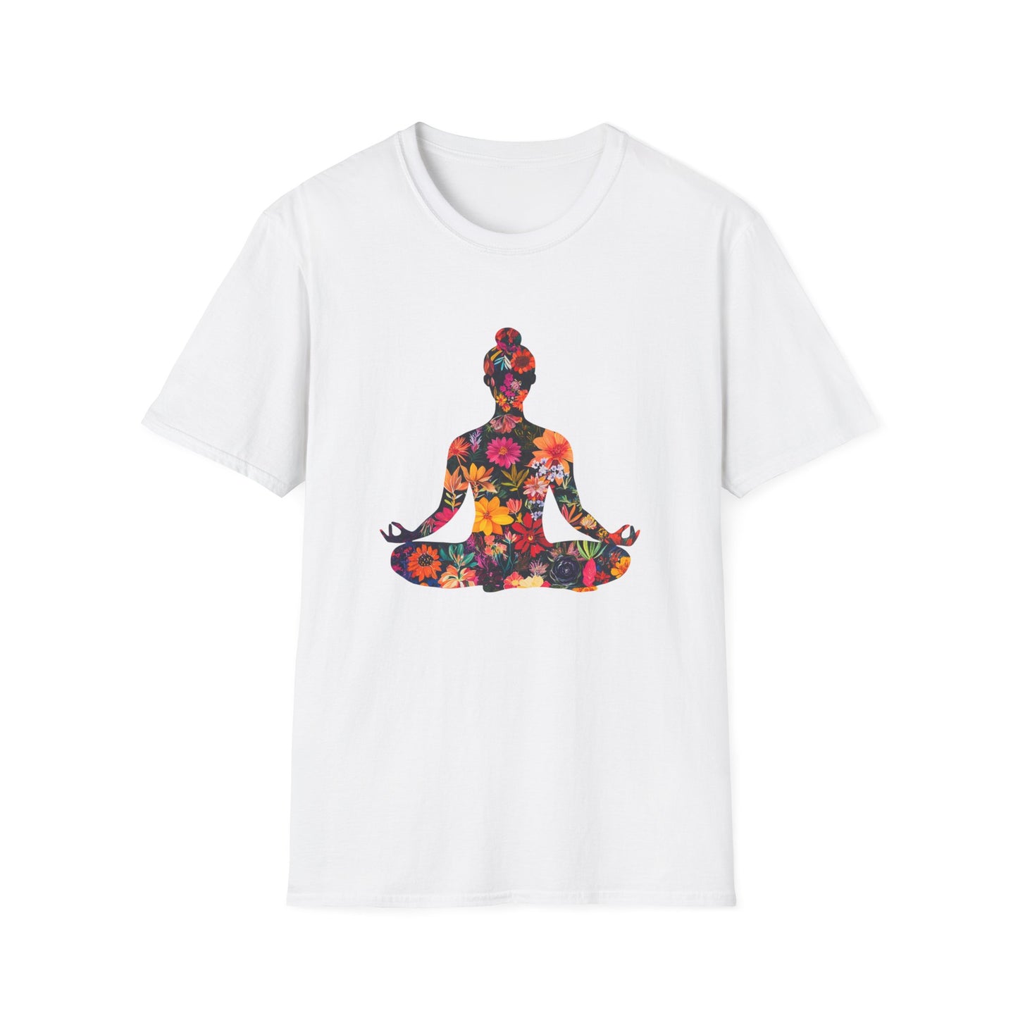 Floral Buddha t-shirt featuring a colorful floral design of a meditating figure