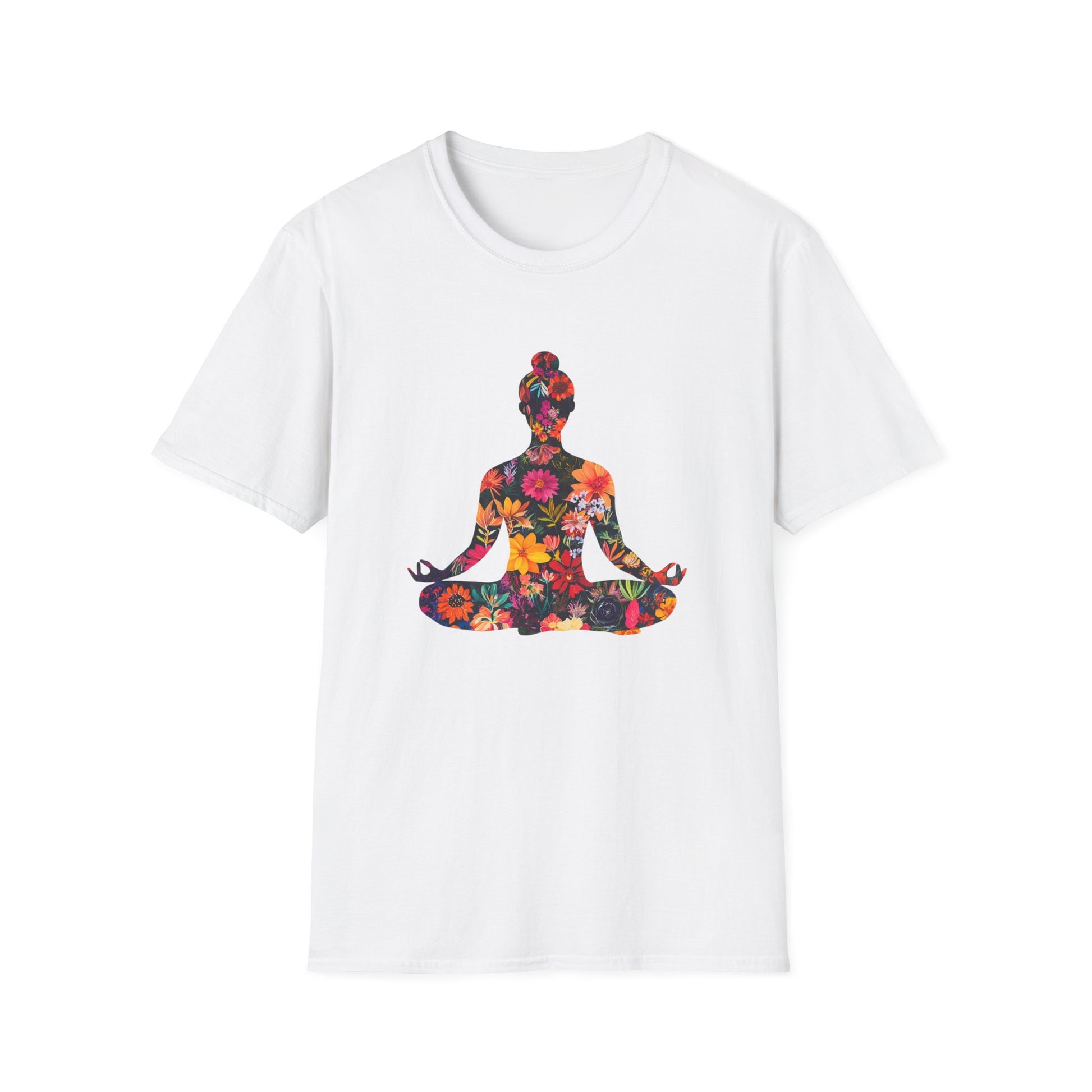 Floral Buddha t-shirt featuring a colorful floral design of a meditating figure