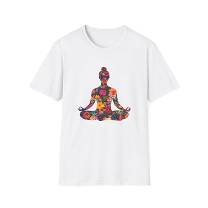 Floral Buddha t-shirt featuring a colorful floral design of a meditating figure