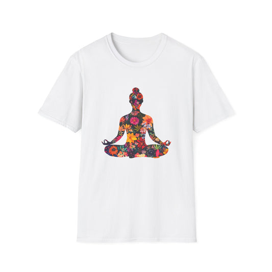 Floral Buddha t-shirt featuring a colorful floral design of a meditating figure