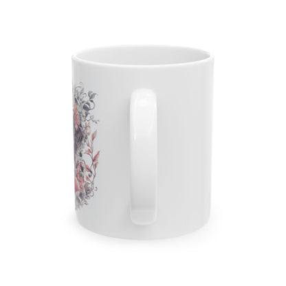 Floral butterfly ceramic mug featuring elegant floral designs on a white background