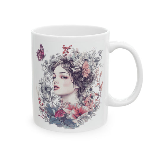 Floral butterfly ceramic mug featuring a beautiful floral design and elegant butterfly illustration