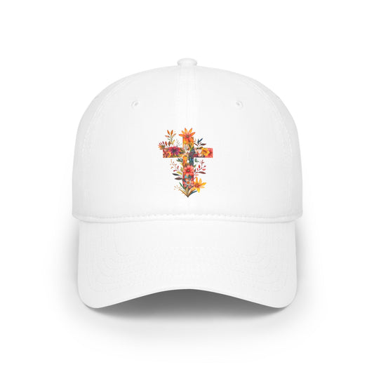 Floral cross baseball cap with vibrant flower designs on a white background