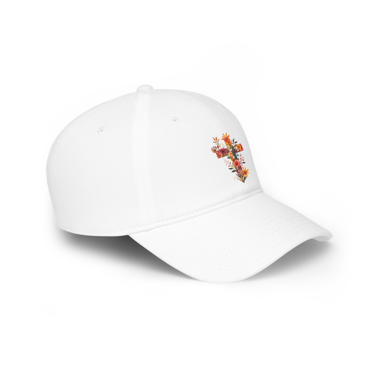 White floral cross baseball cap featuring a colorful floral design on the front