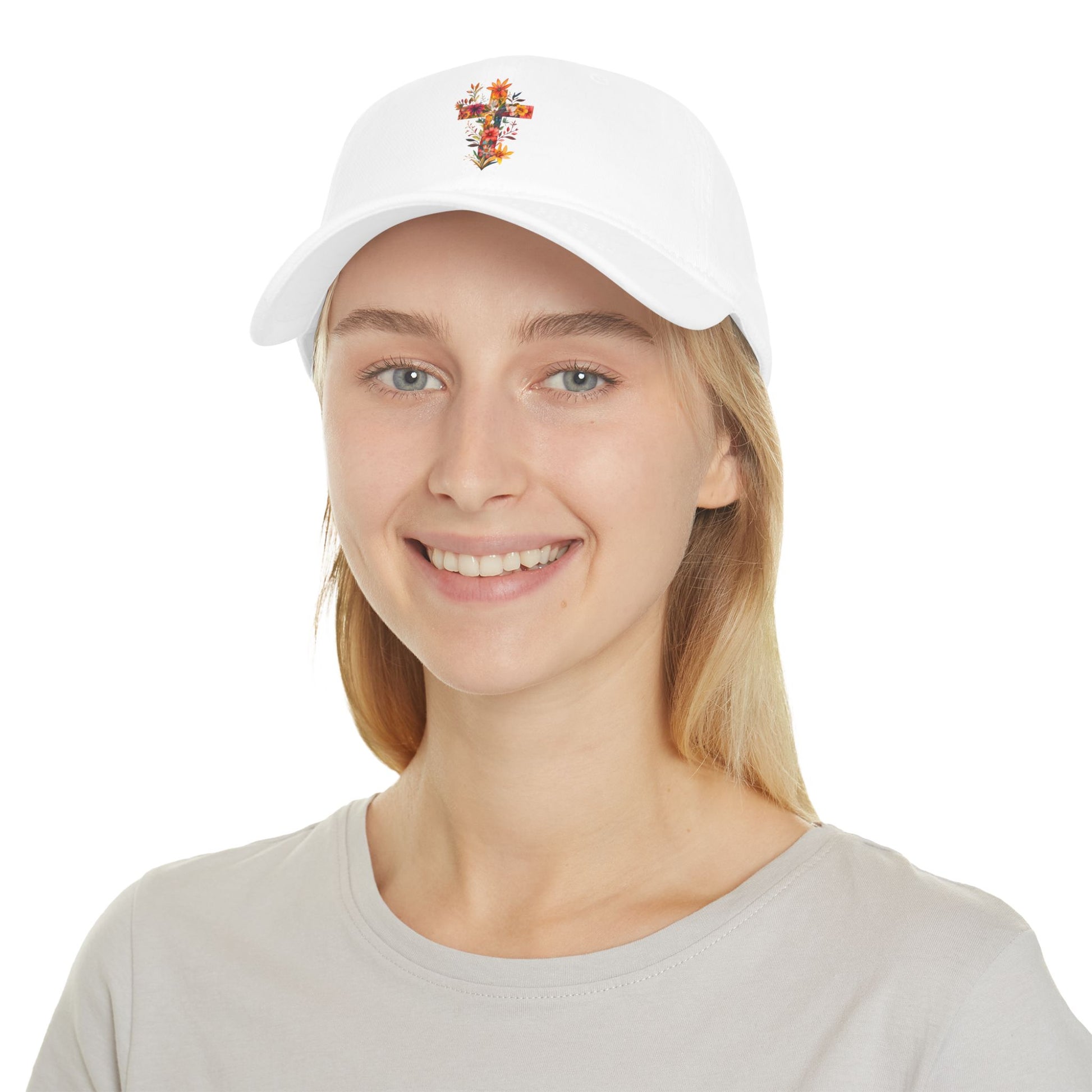 Floral cross baseball cap in white featuring a colorful embroidered design for stylish casual wear