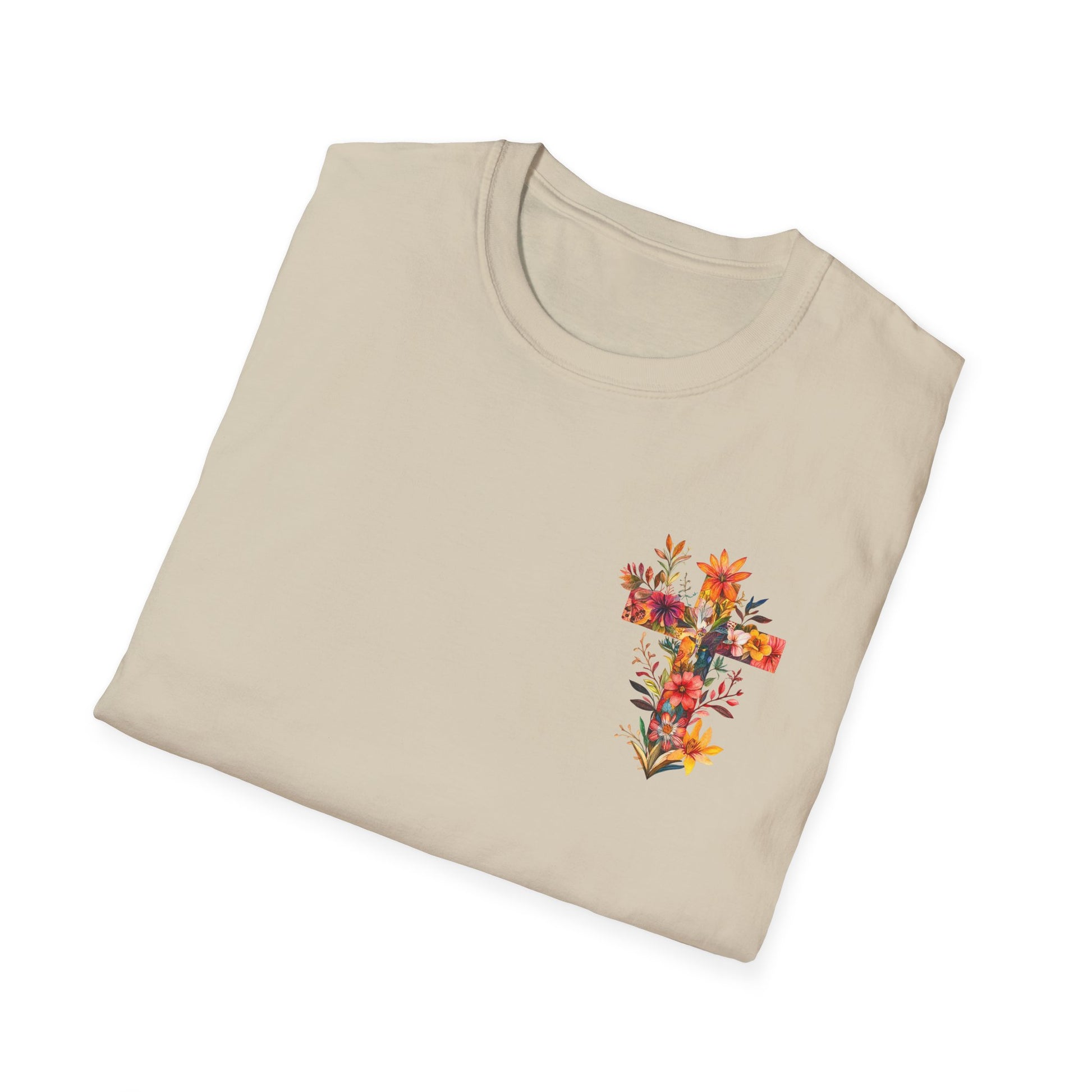 Beige floral cross t-shirt featuring vibrant floral design perfect for casual wear
