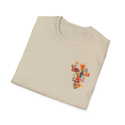 Beige floral cross t-shirt featuring vibrant floral design perfect for casual wear