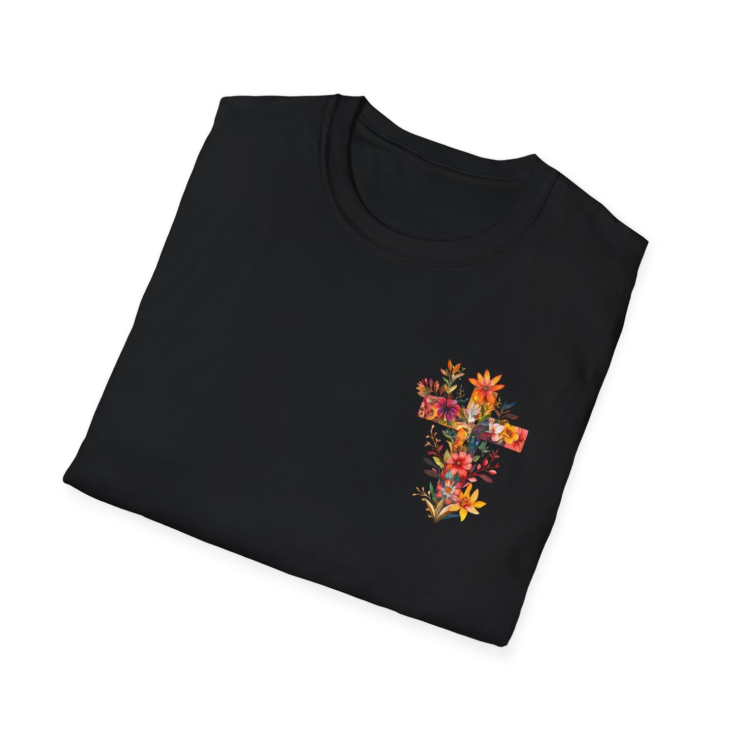 Floral cross t-shirt featuring a colorful floral design on a black fabric