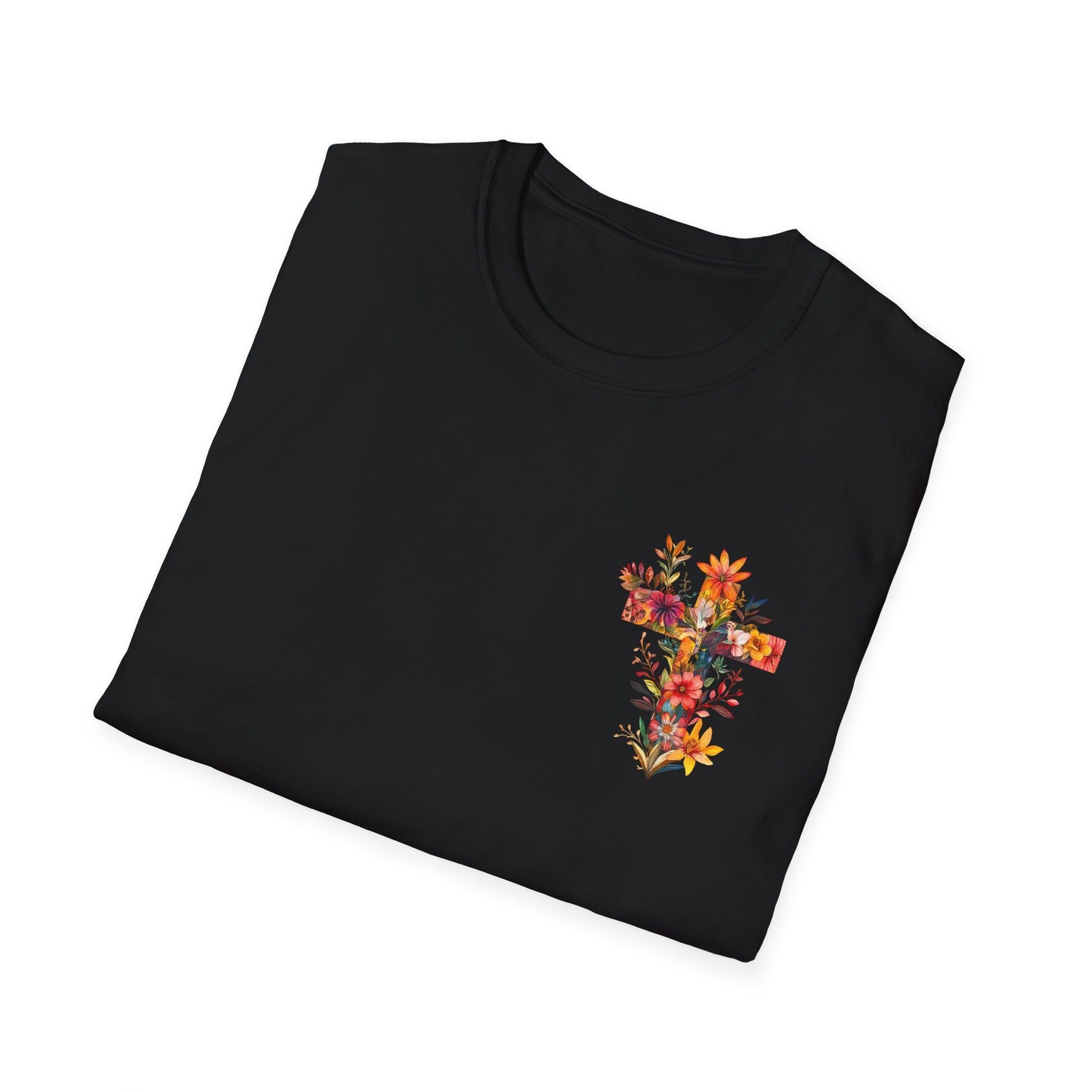 Floral cross t-shirt featuring a colorful floral design on a black fabric