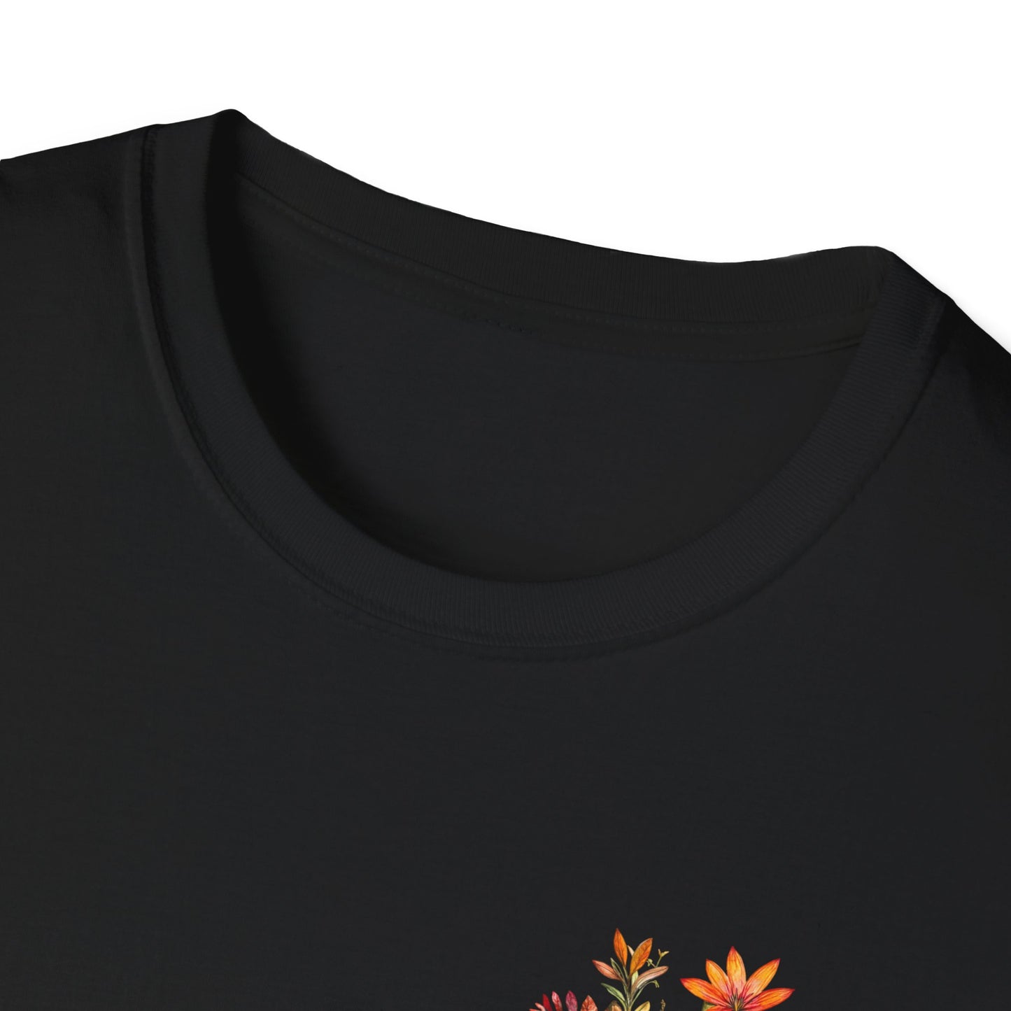 Black floral cross t-shirt featuring vibrant flower designs for a stylish look
