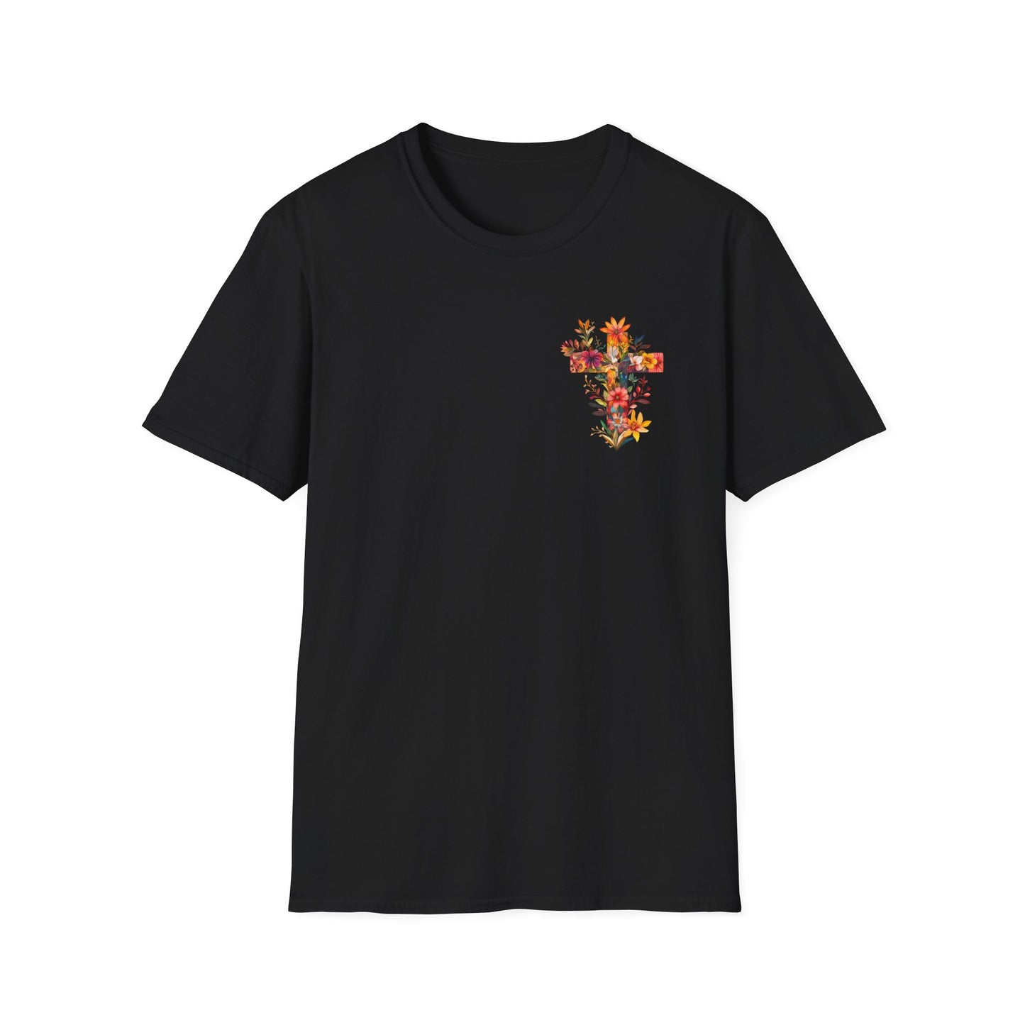 Black floral cross t-shirt featuring a vibrant floral design on the chest