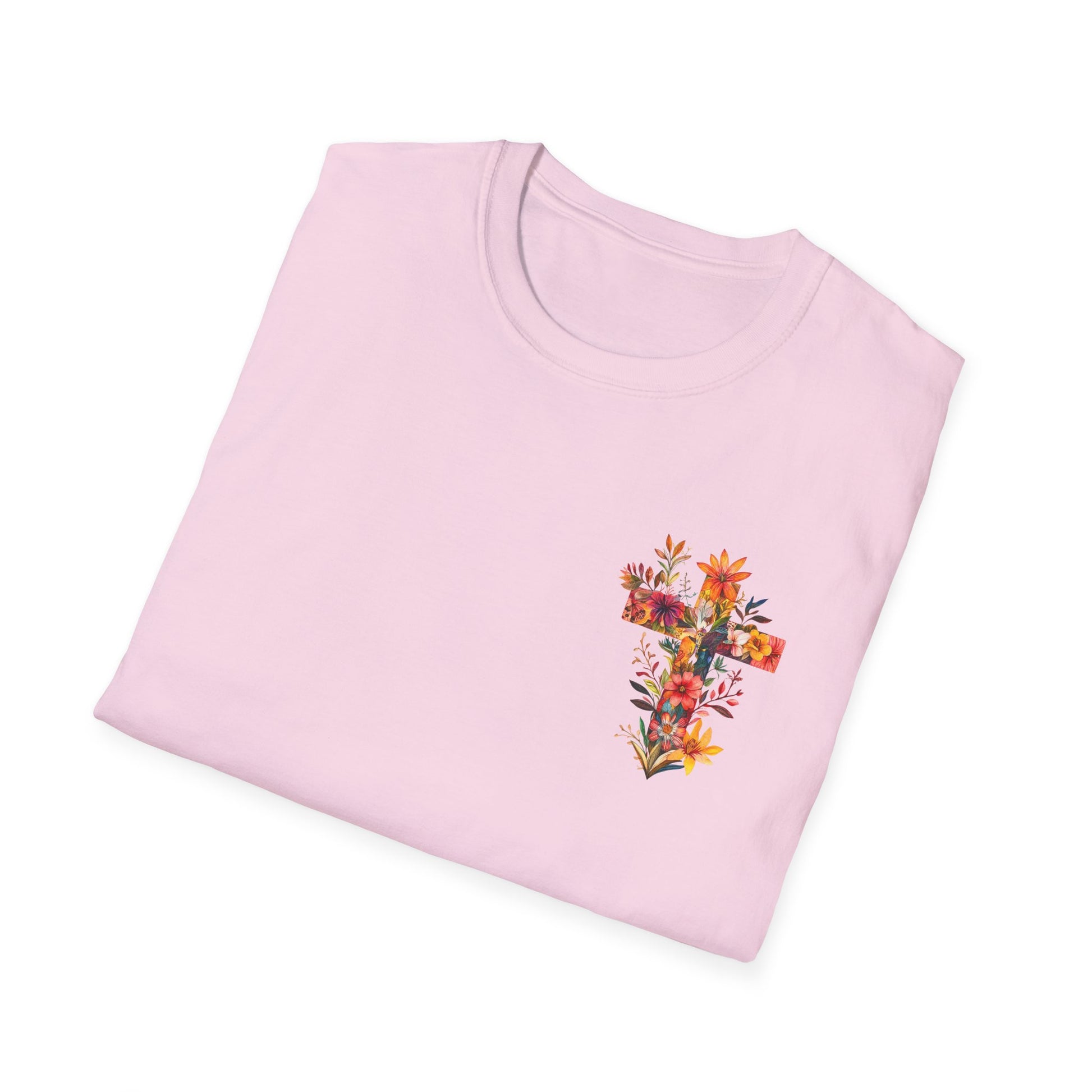 Light pink floral cross t-shirt featuring vibrant floral designs on the front