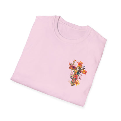 Light pink floral cross t-shirt featuring vibrant floral designs on the front