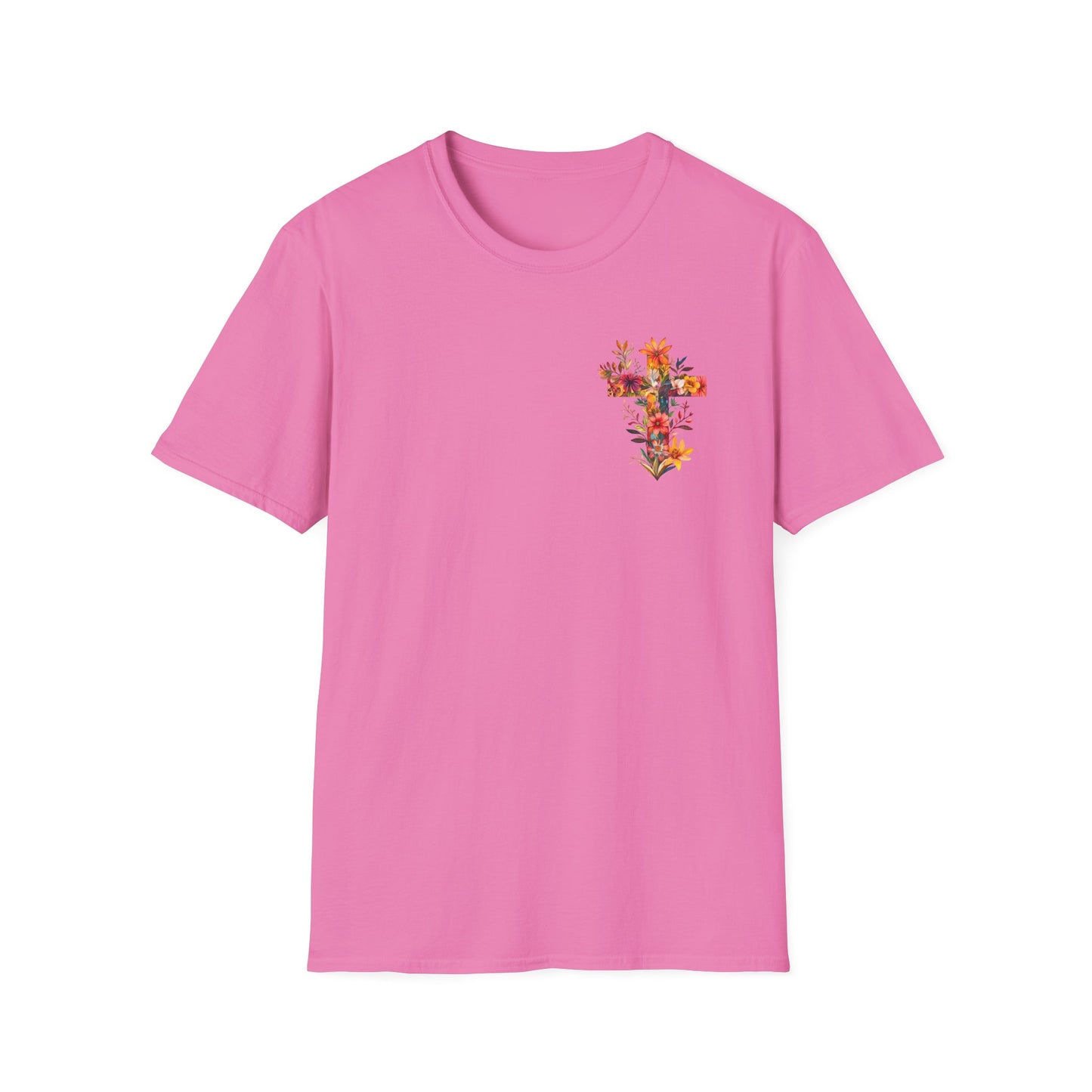 Pink floral cross t-shirt featuring vibrant floral design on the chest, ideal for casual wear
