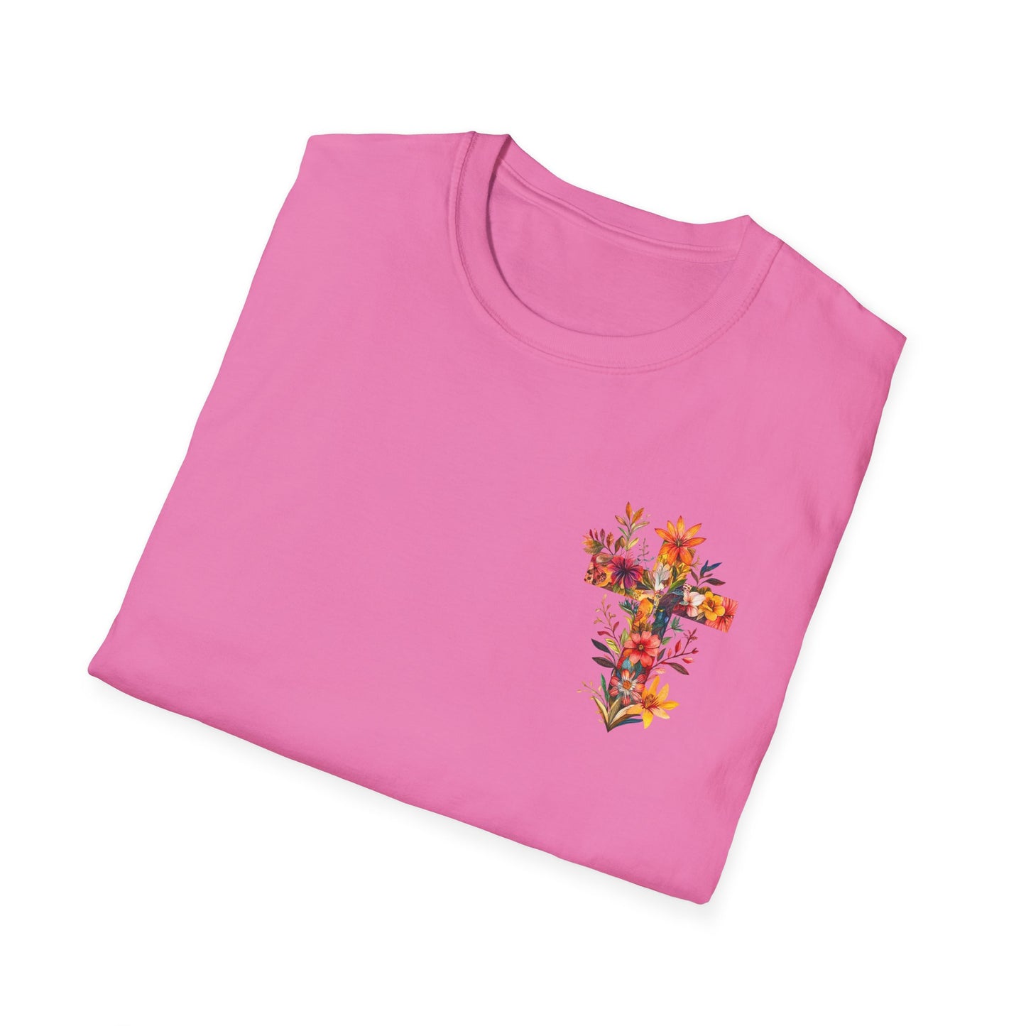 Floral cross t-shirt in pink featuring vibrant floral design on the front