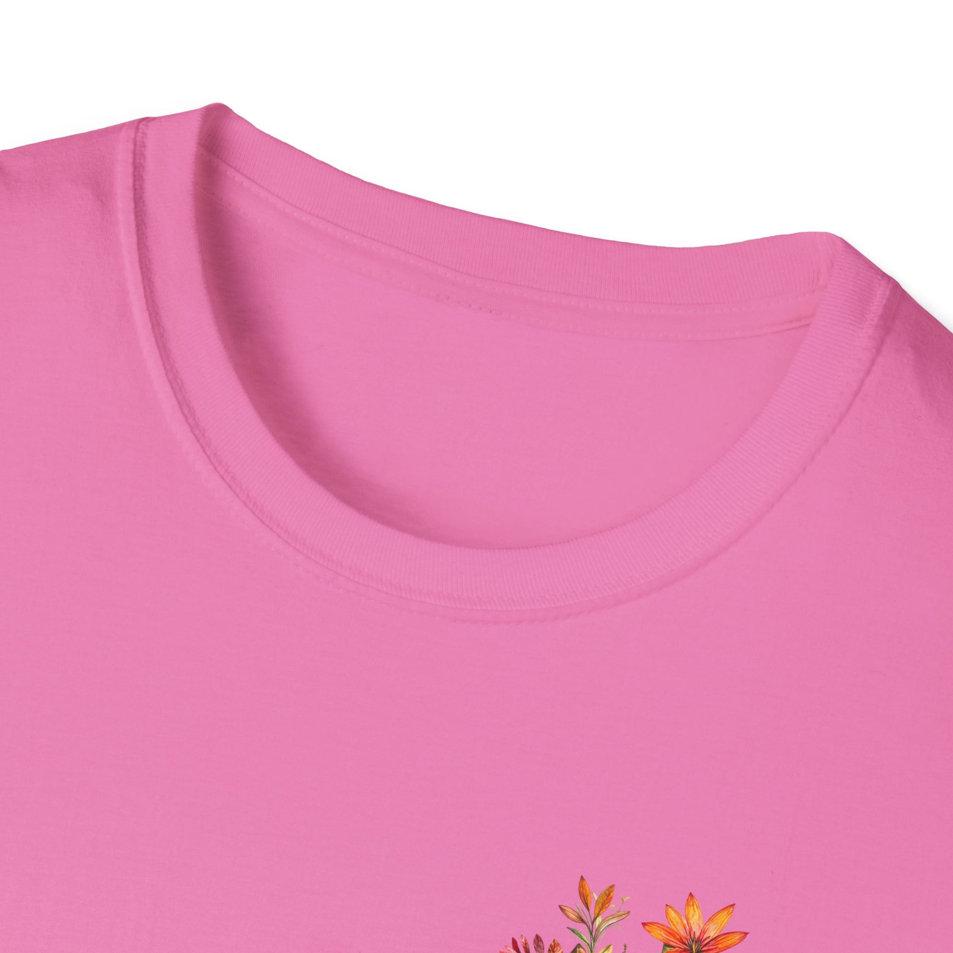Pink floral cross t-shirt featuring vibrant flower designs on the front for a stylish look