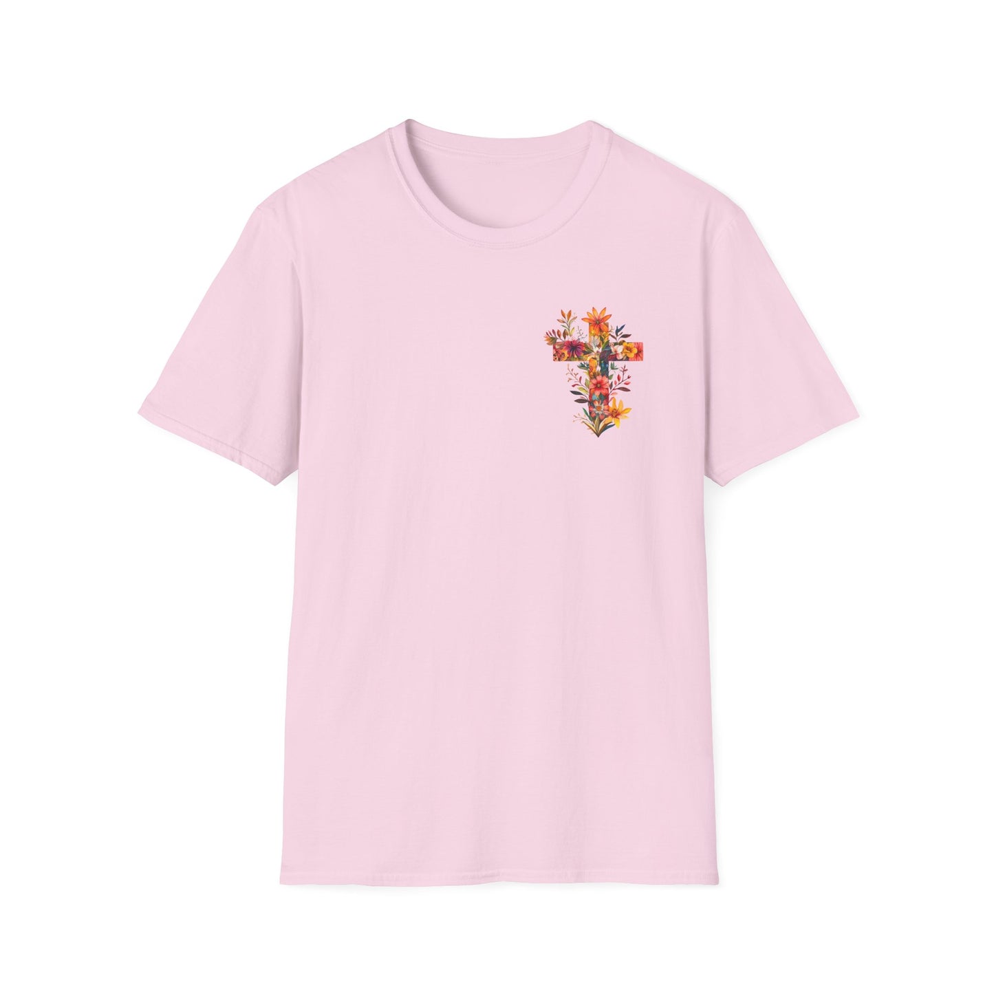 Floral cross t-shirt in light pink with vibrant floral design on the front