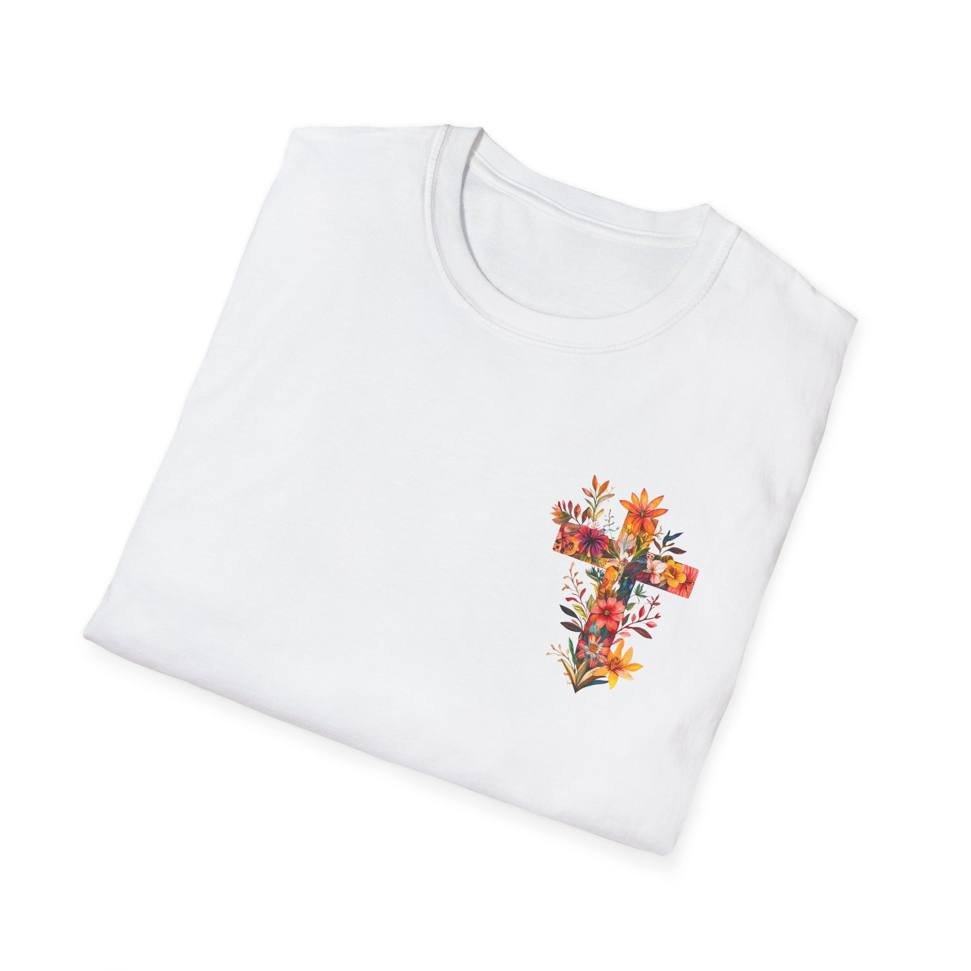 Floral cross t-shirt featuring a vibrant floral design on a white base for a stylish look