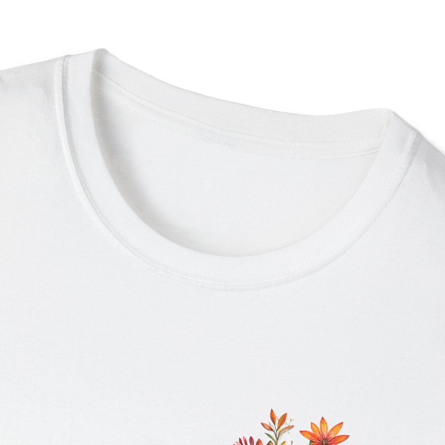 Floral cross t-shirt featuring vibrant flower designs on a white background
