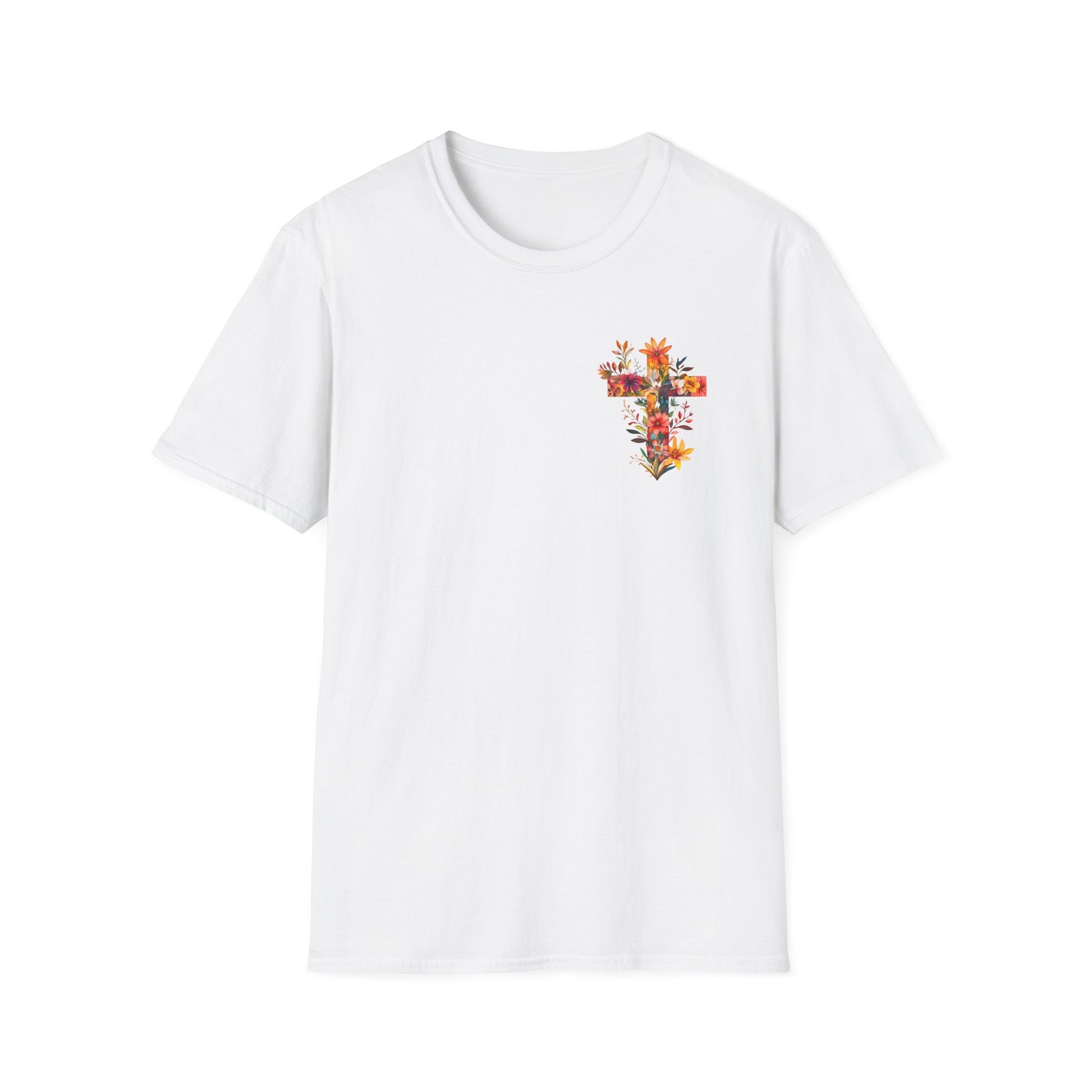 Floral cross t-shirt in white featuring a colorful floral design on the front