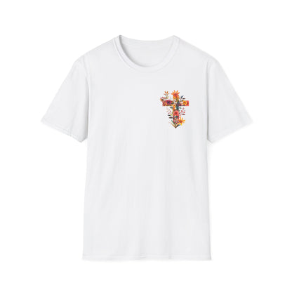Floral cross t-shirt in white featuring a colorful floral design on the front