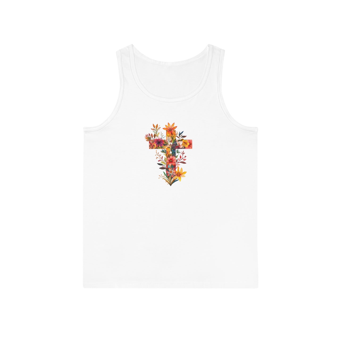Floral cross tank top featuring vibrant floral design on a white background