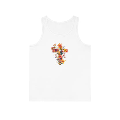 Floral cross tank top featuring vibrant floral design on a white background