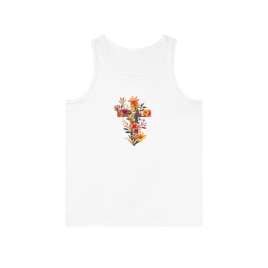 Floral cross tank top featuring vibrant floral design on a white background