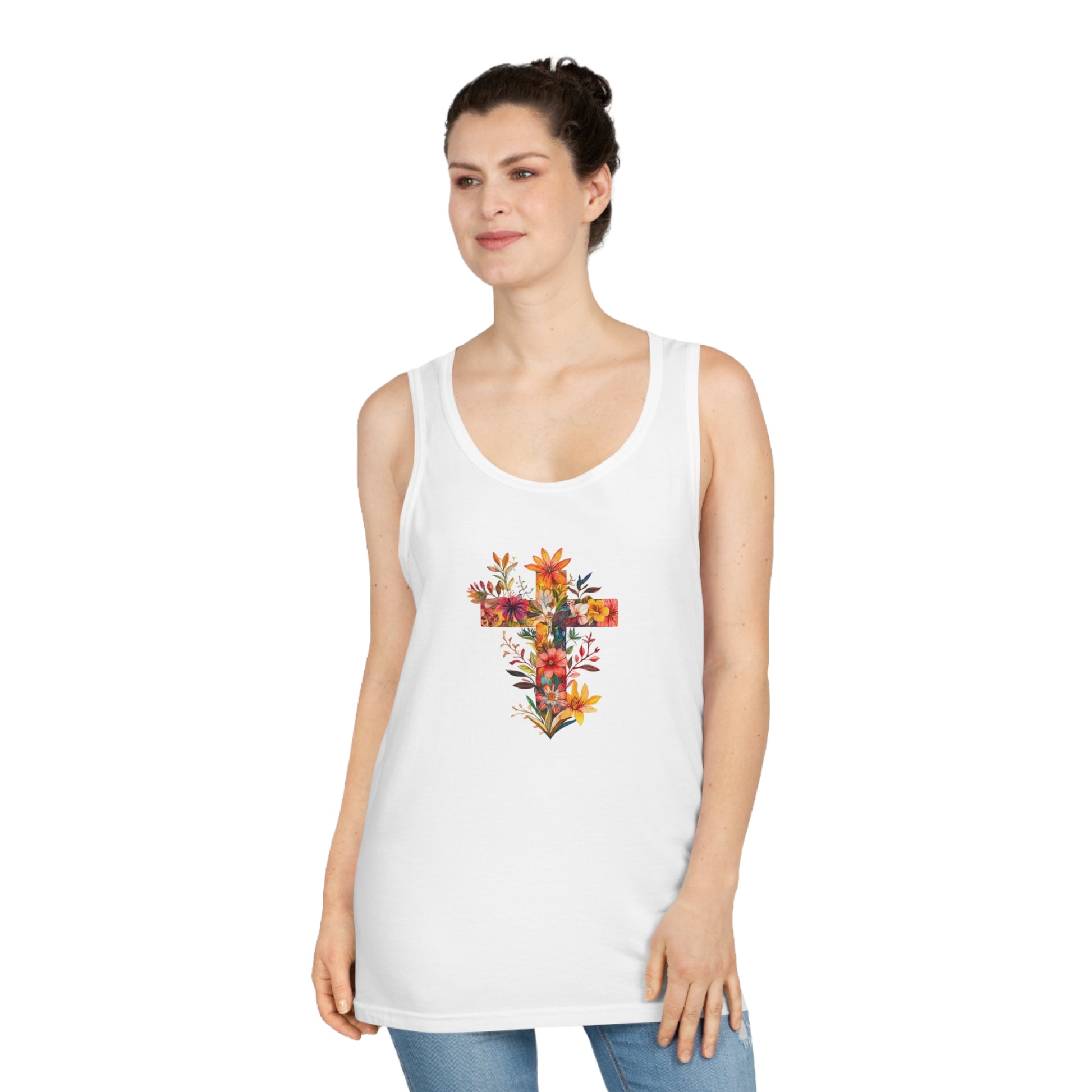 Floral cross tank top featuring a vibrant floral design on a comfortable white fabric