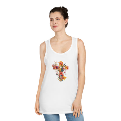 Floral cross tank top featuring a vibrant floral design on a comfortable white fabric