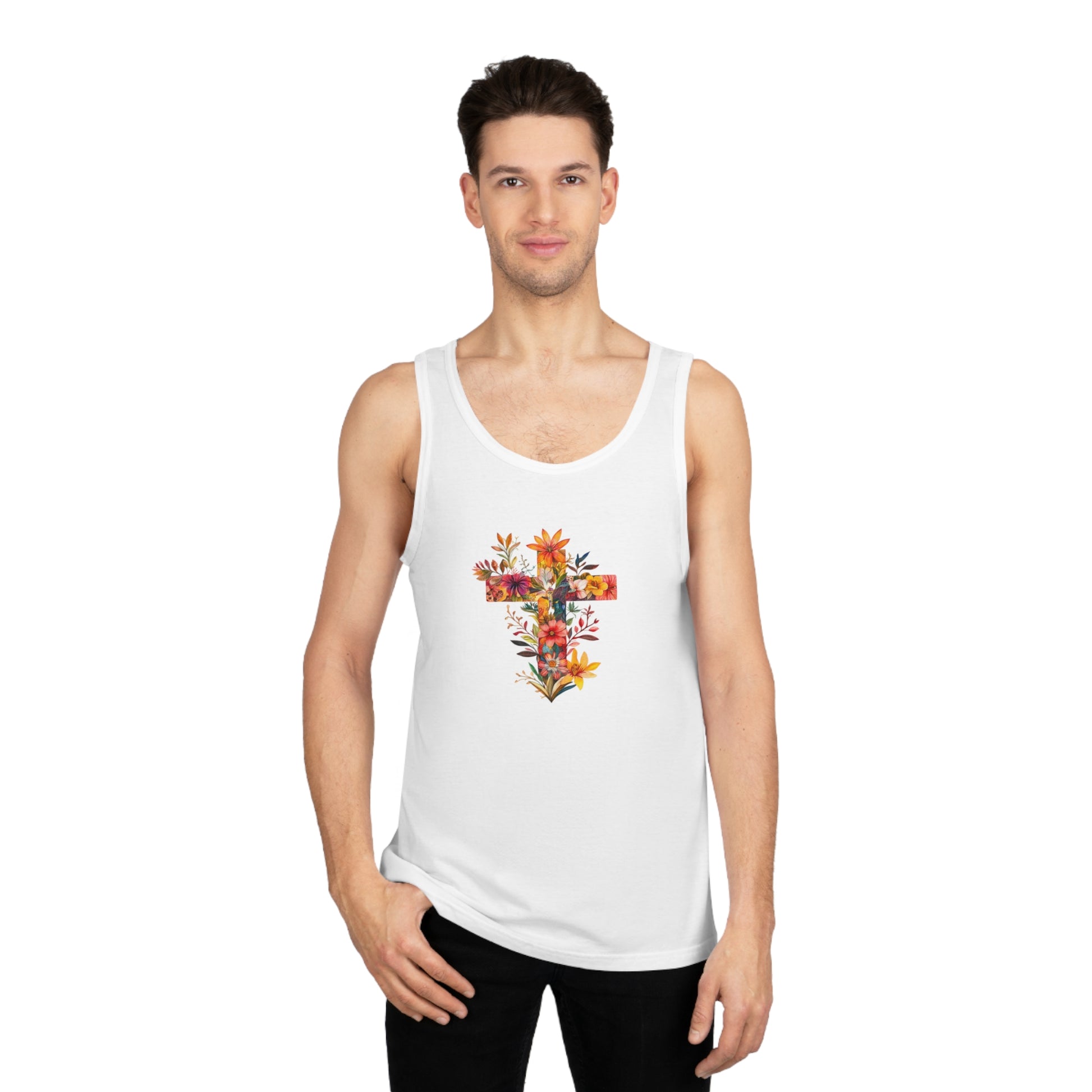 Floral cross tank top featuring a vibrant floral design on a white background for stylish summer wear