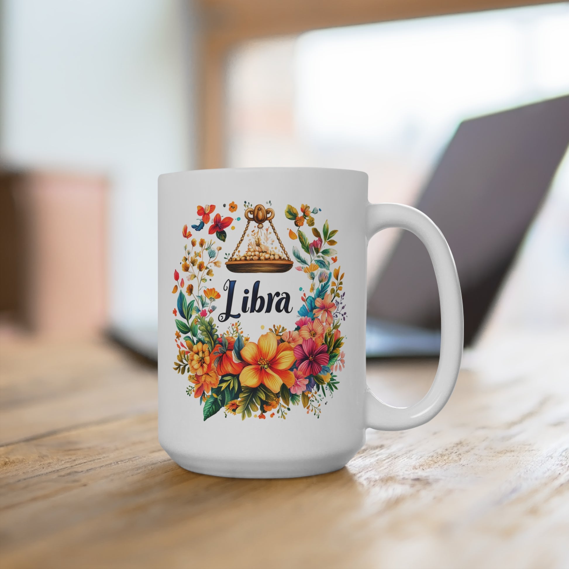 Floral Libra Mug featuring vibrant flowers and Libra symbol, perfect for astrology lovers