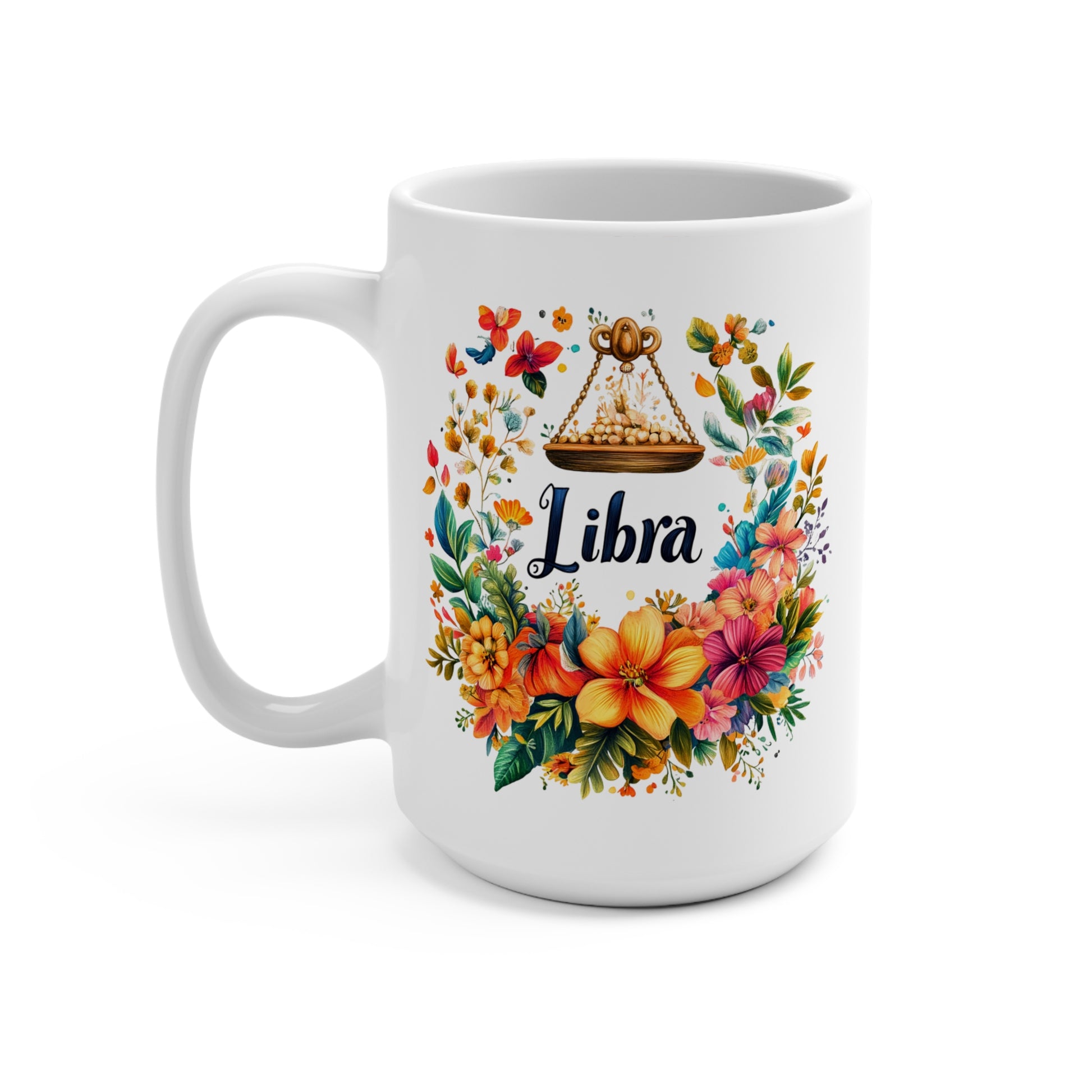 Floral Libra Mug featuring colorful flowers and a Libra symbol for astrology lovers