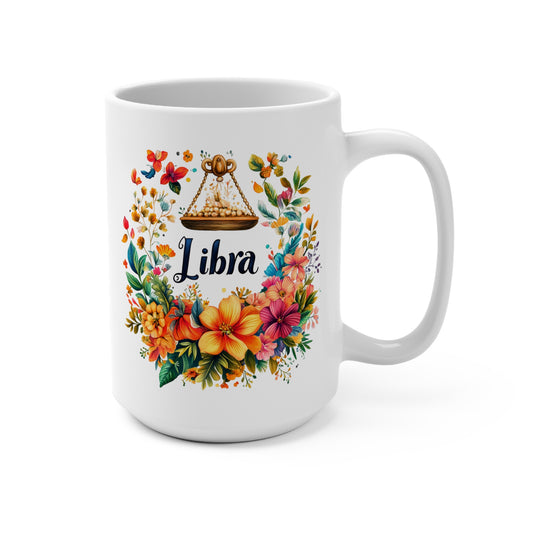 Floral Libra Mug featuring a colorful floral design and Libra symbol, perfect for astrology lovers