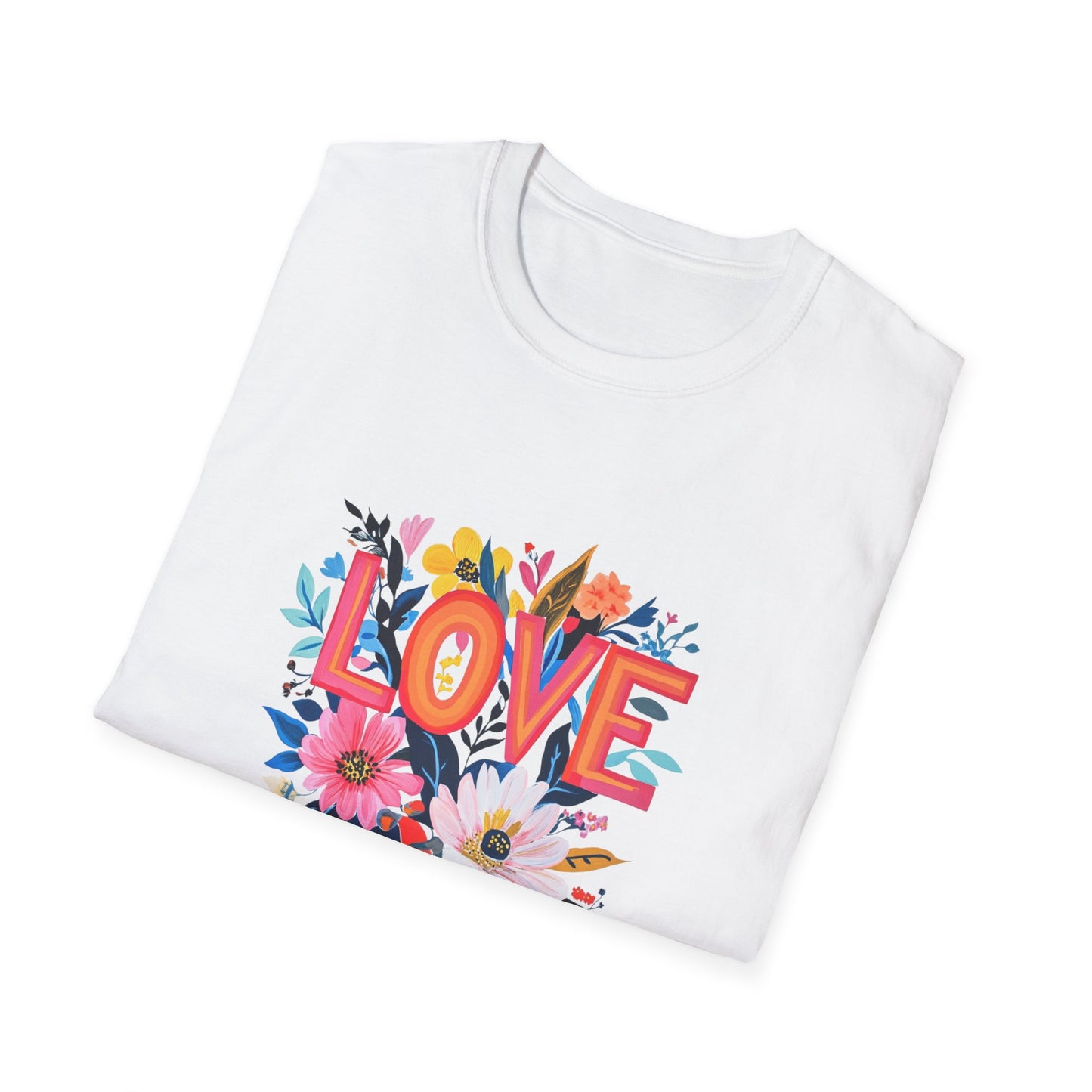 Floral love t-shirt in white with vibrant flower design and bold love text for casual wear