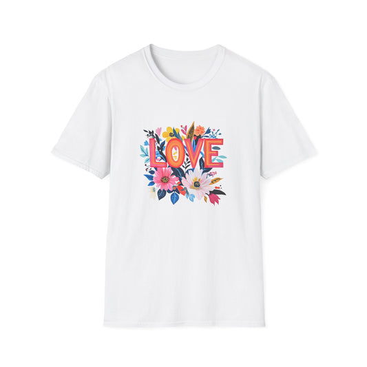 Floral love t-shirt in white with vibrant floral design and bold love lettering