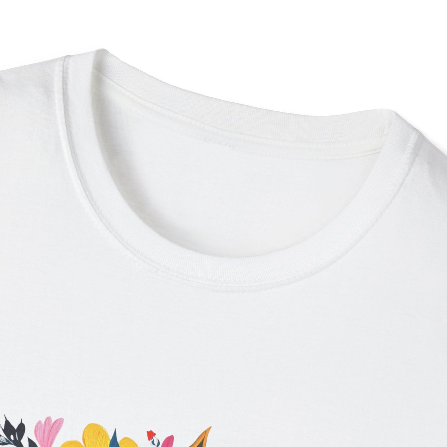 Close-up of a floral love t-shirt featuring vibrant floral designs on a white background