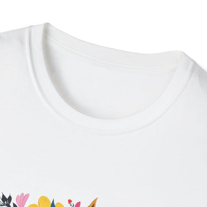 Close-up of a floral love t-shirt featuring vibrant floral designs on a white background